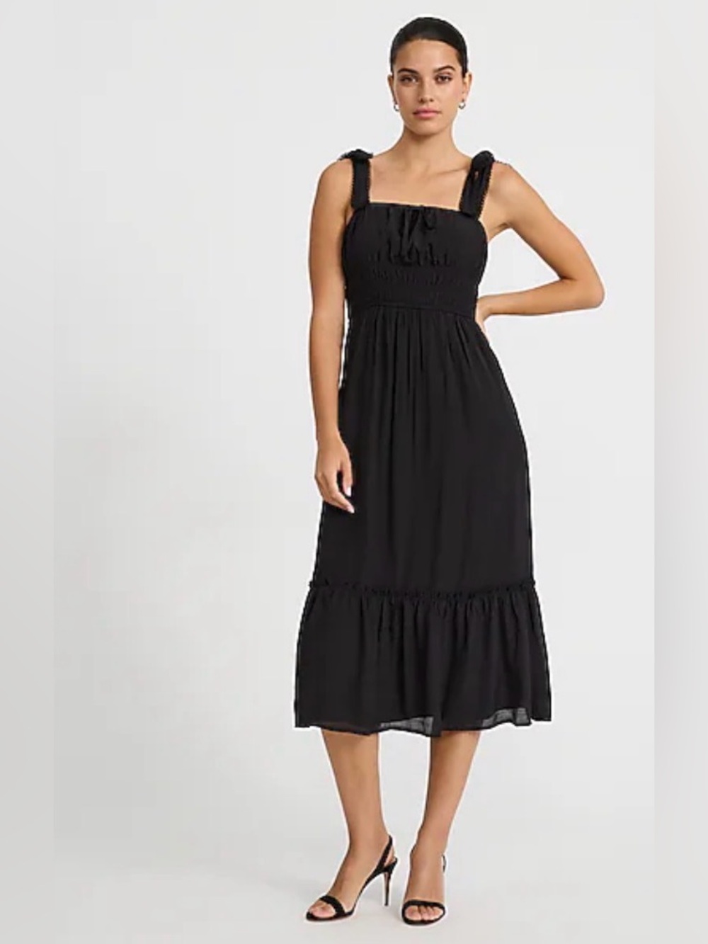 EXPRESS NWOT Eyelet Smocked Square Neck Tie Strap Tiered Midi Dress~Size L